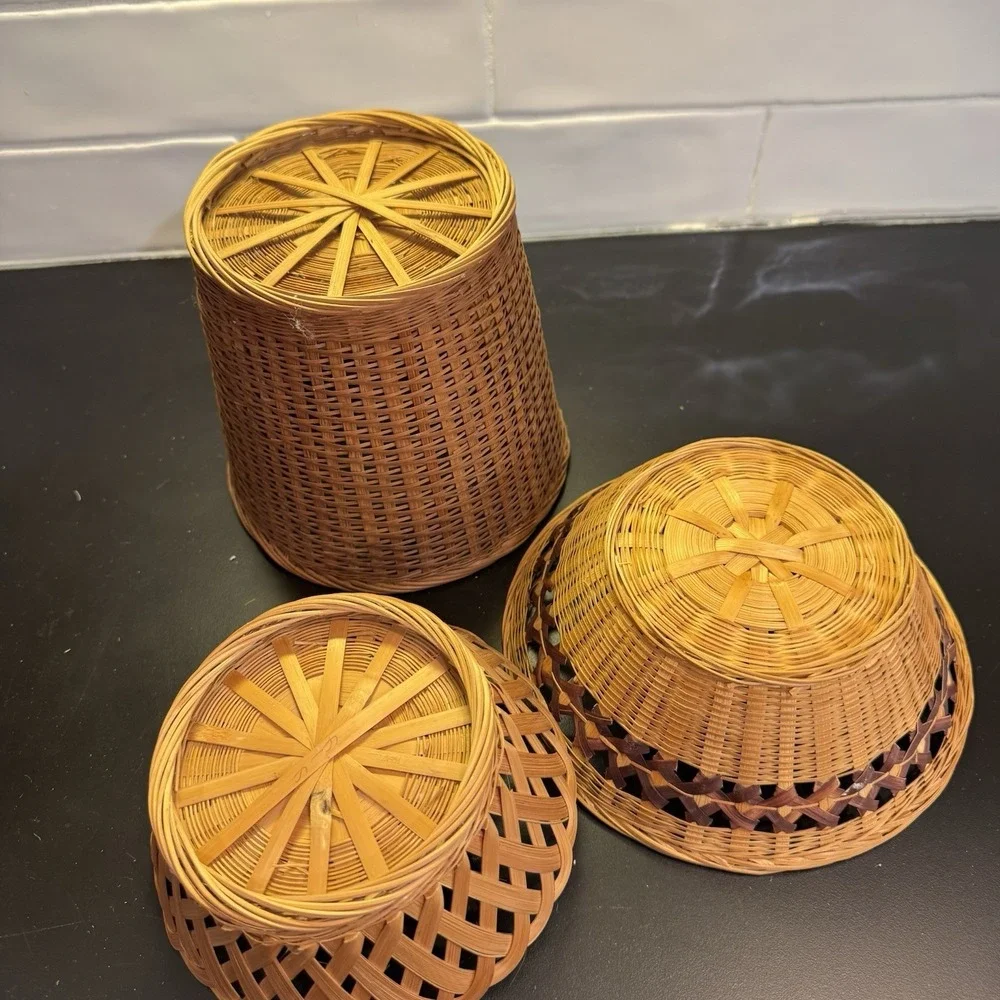 Three Vintage  Bamboo And Rattan Baskets Cottage Core Farmhouse Decor‎